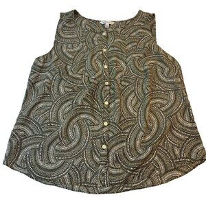 Croft & Barrow Print Sleeveless Button Down Blouse Tank Top Olive Green White XL